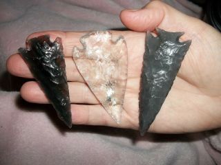 Nicely Made (2) Obsidian Arrowheads (1) Clear Glass Arrowhead Flintknapped Art M
