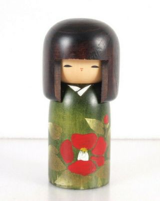 Japanese Woody Craft Kokeshi Doll 6 Inch Green Red Flower Made In Japan