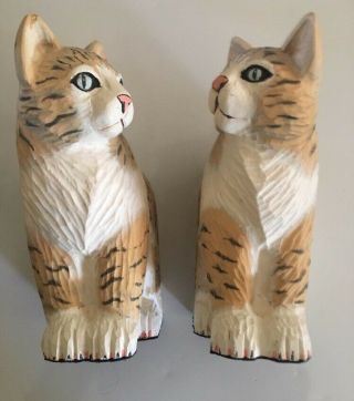 Huge Antique Elegant Detailed Set Of Cat Wooden Bookends,  Hand Carved 8 X 6”