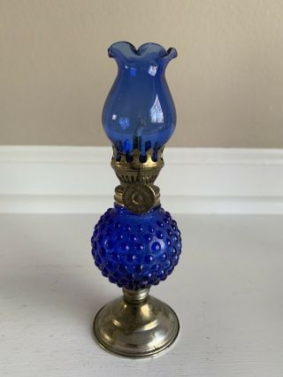 Vintage Cobalt Blue Hobnail Glass Miniature Oil Lamp 5.  5”