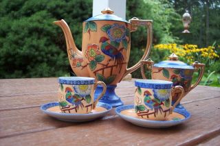 Vintage Japanese Porcelain Lusterware Partial Tea Set With Bird & Floral Pattern