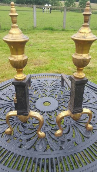 Antique Victorian Brass And Iron Fire Side Andirons Dogs 47cm High Circa 1870
