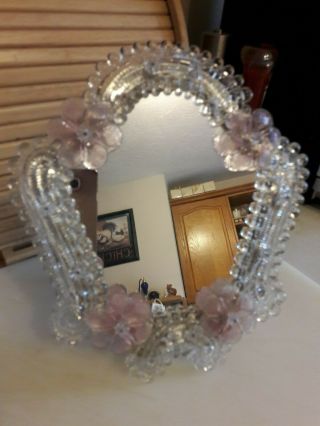 Murano Vintage Large Glass Mirror With Pink Flowers