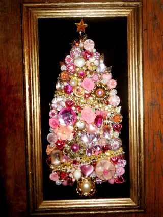 Framed Vintage Jewelry Pink Christmas Tree Collage Rhinestones A16
