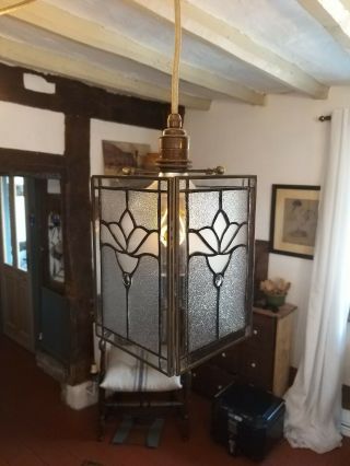 Antique Brass And Leaded Glass Arts And Crafts Lamp Shade 3