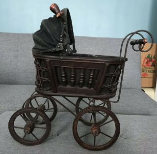 Antique Baby Doll Stroller Vintage Wooden Carriage Buggy Small Doll Buggy