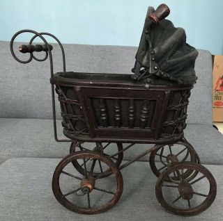 Antique Baby Doll Stroller Vintage Wooden Carriage Buggy Small Doll Buggy 3