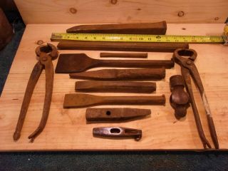 Old Vintage Blacksmith Tools Chisels,  Punch,  Nippers,  & Hammer Heads 12 Pc