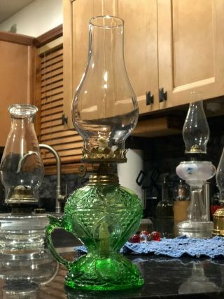 Vintage Green Hobnail Glass Made In Hong Kong Finger Handle Oil Lamp Chimney