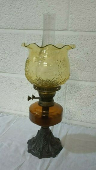 Antique Victorian Oil Lamp With Ornate Fluted Glass Shade,  Decorative Metal Base