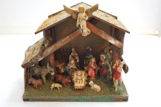 Vintage Nativity Set From Italy With Wooden Manger Creche - Resin Or Plaster
