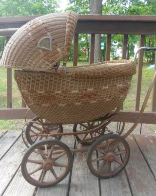 Vintage Victorian Wicker Baby Doll Carriage Pram W/ Adj Canopy In Vg