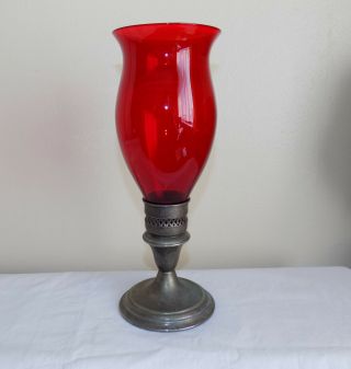 Victorian Silver Plated Candlestick With Red Hurricane Glass Shade