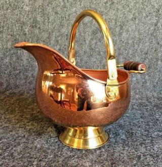 Copper Scuttle Ash Bucket Pail Brass And Wood Handle