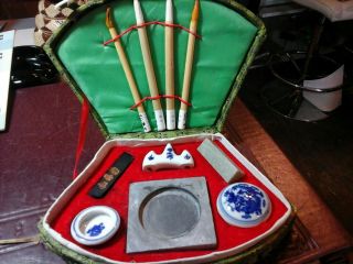 Vintage Chinese Caligraphy Set In Silk Covered Box