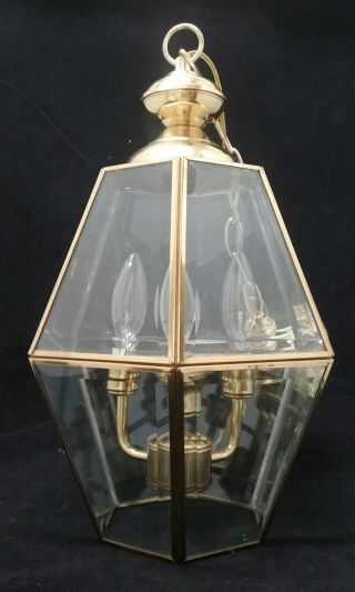 Vintage Brass And Beveled Glass Ceiling Fixture Lamp Chandelier 3 Bulb