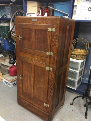 Vintage Antique Solid Oak Ice Box storage cabinet brass hardware rustic 2