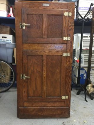 Vintage Antique Solid Oak Ice Box storage cabinet brass hardware rustic 3
