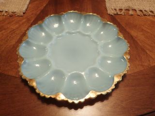 Vintage Baby Blue With Gold Trim Deviled Egg Glass Plate