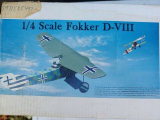 Vintage 1/4 Scale Balsa Usa Fokker D Viii Model Airplane Kit Radio Control