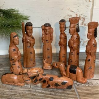 Vintage Folk Art Tribal Nativity Set Hand Carved Wood 11 Piece Set Christmas