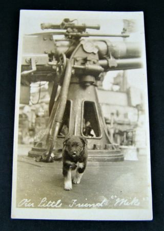 Wwi Real Photo Postcard Dog On Deck Military Ship In Front Artillery Gun Rppc