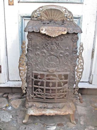 Antique Cast Iron And Nickel Gas Heater Stove C.  1916