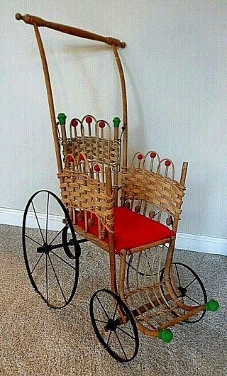 Antique Vintage Victorian Baby Doll Buggy Stroller Wicker Wood Metal 28 " Tall