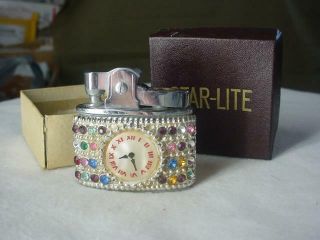 Rare Vintage Star - Lite Automatic Cigarette Lighter W/ Box Clock & Jeweled Japan