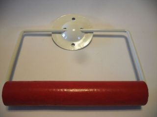 Vintage Nos Antique White Steel Toilet Paper Tissue Holder Red Wooden Roller
