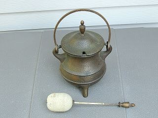Antique Cast Iron & Brass Fire Starter Oil Pot Kettle W/ Wand,  Fireplace Tool