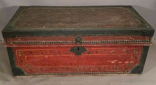 19thc Antique Chinese Export Trunk Old Leather Painting China Trade Wood Chest