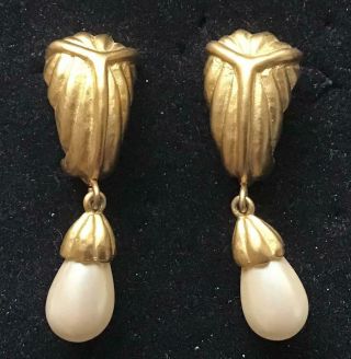 Givenchy Vintage Earrings Haute Couture Matte Gold & Pearl Drops