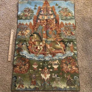 Vintage Chinese Large Embroidered Fabric Buddhist Themed Tapestry Asian Artwork