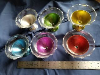 Set 6 Vintage Color Chrome & Glass 2 Pc Ice Cream Bowls Dishes Scalloped Edges
