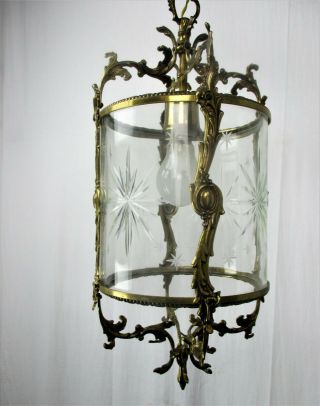 Vintage Lantern Ornate Brass Etched Glass Chandelier Pendant French Round Glass