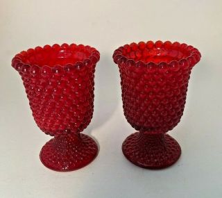 Set Of 2 Vintage Ruby Red Glass 4 " Footed Hobnail Votive Candle Holder