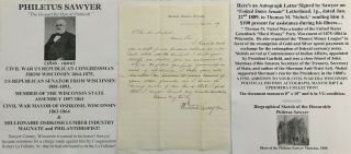 Civil War Congressman Bribery Senator Mayor Oshkosh Wisconsin Letter Signed 1889