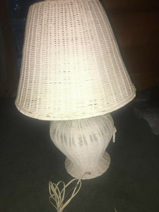 Large White Wicker Rattan Lamp And Shade Metal Framed 30 " Tall