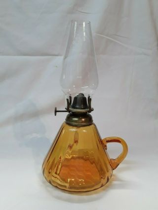 Early Finger Oil Lamp In Yellow Amber C/w English Burner,  Fully,  Beautif