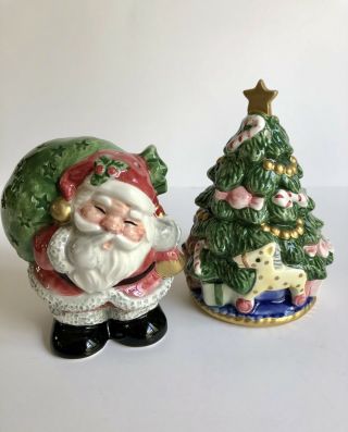 Fitz And Floyd Hand Painted Santa Claus & Christmas Tree Salt Pepper Shakers A2