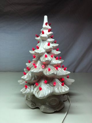 Old Vintage Ceramic Christmas Holiday Tree 15 " Tall With Red Lights