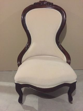 Victorian Parlor Chair - Solid Mahogany Fruit Motive - Robert Allen Fabric