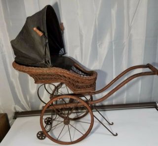 Vintage Wicker & Wood Canvas Pram Baby Doll Carriage Buggy Stroller