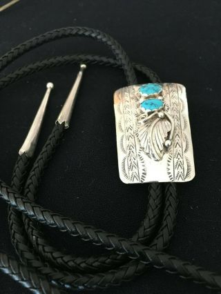 Vintage Navajo Bolo Tie; Sterling Silver With 2 Turquoise Stones