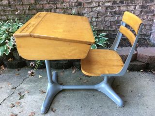 Vintage Mid Century Student School Desk W/ Swivel Attached Chair Wood Metal