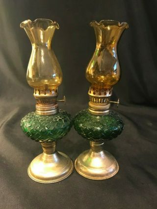 (2) Vintage Green Glass Miniature Kerosene Oil Lamps Wedding Hong Kong Metal Base