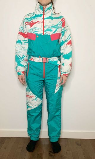 Vintage 80s 90s Pink Green One Piece Nylon Ski Suit Snowsuit Belt Women’s Xs