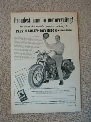 Vintage 1951 Harley Davidson Hydra - Glide Motorcycles Proudest Man Print Ad