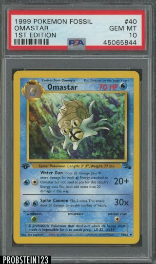 1999 Pokemon Fossil 1st Edition 40 Omastar Psa 10 Gem